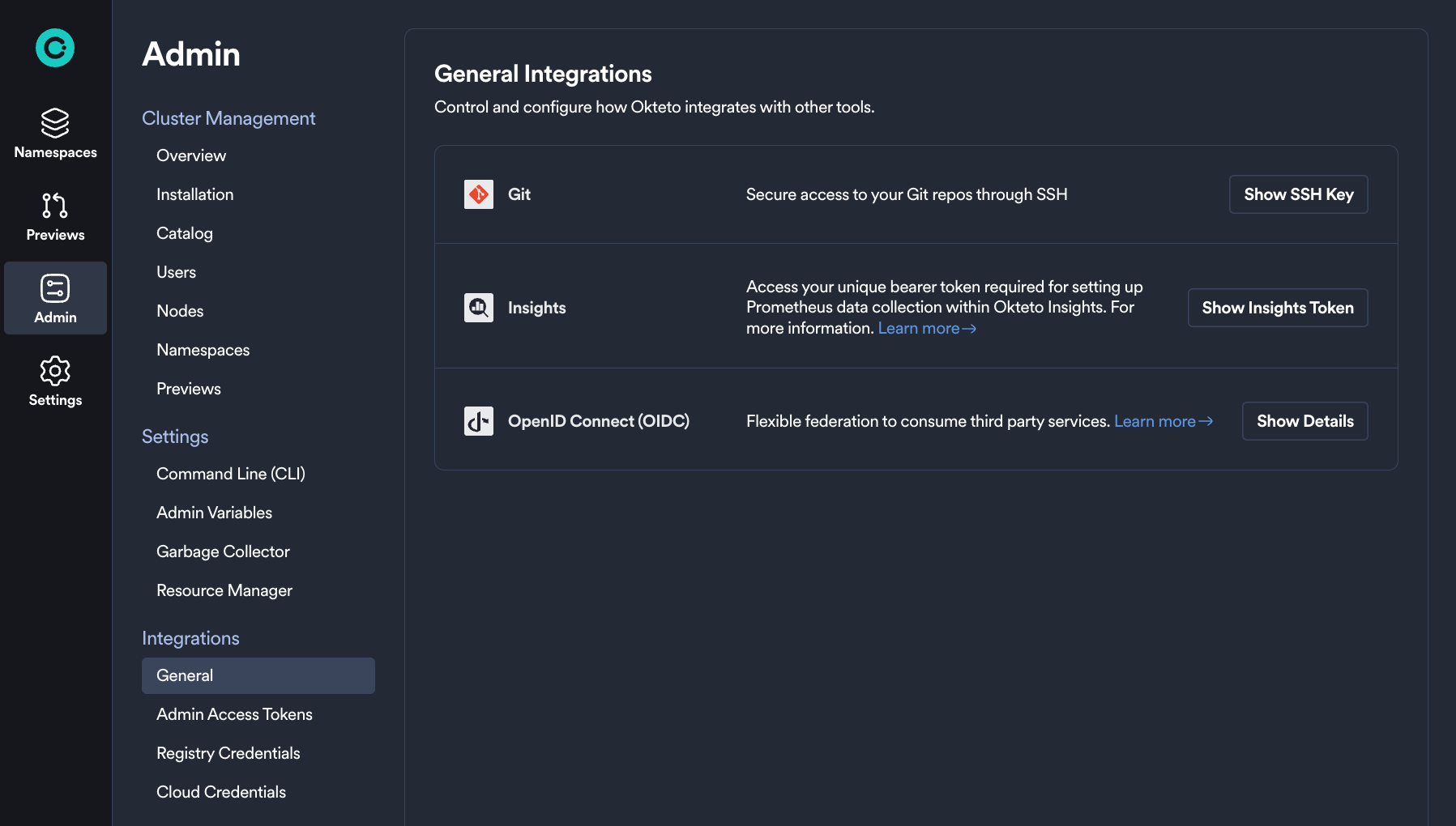 Admin General Integrations page showing the Git SSH key, Insights token, and OpenID Connect sections